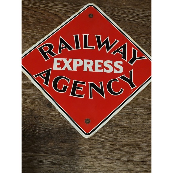 Authentic Vintage Railway Express Agency Porcelain Enameled Metal Sign 8"x 8" - Picture 1 of 7